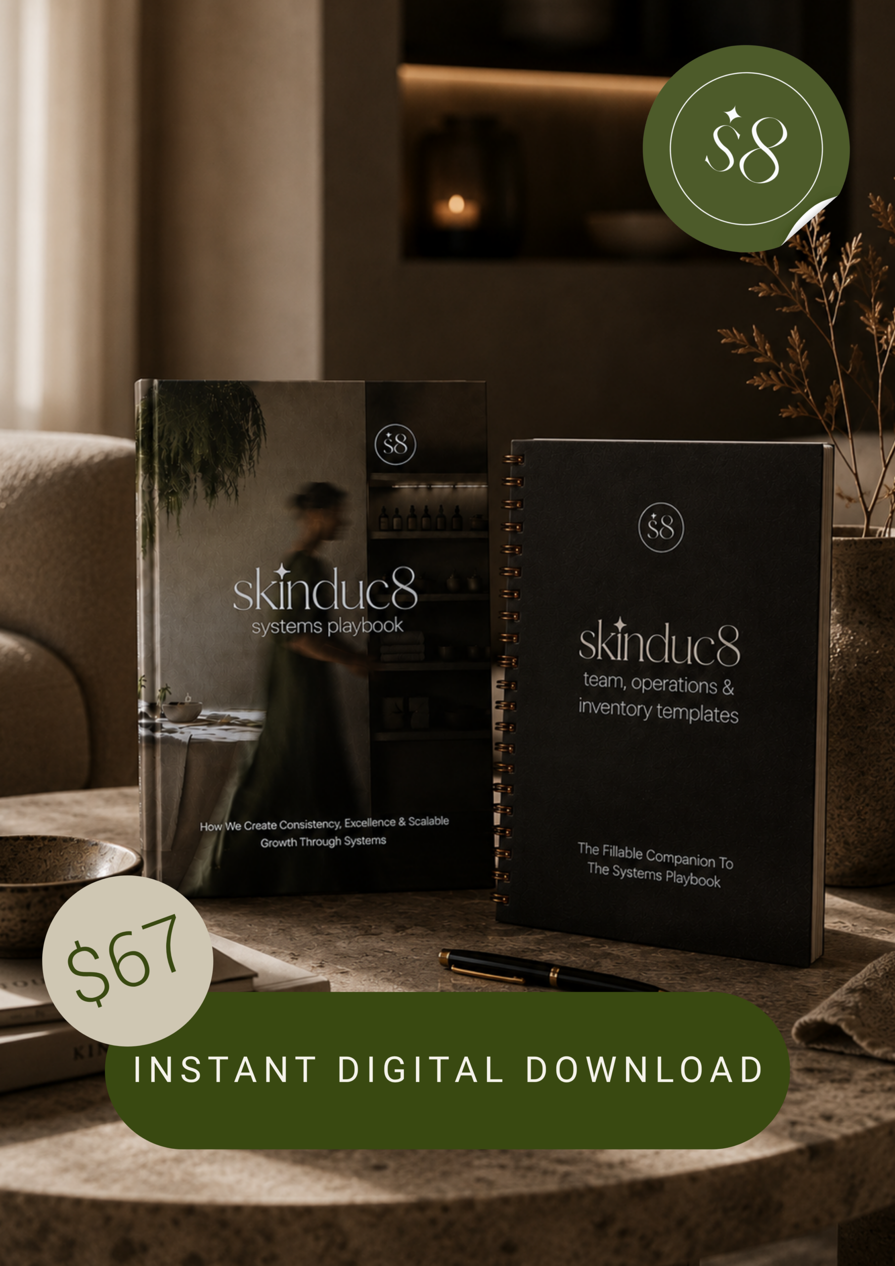skinduc8 systems playbook and SOPs template mockup with $67 instant digital download badge