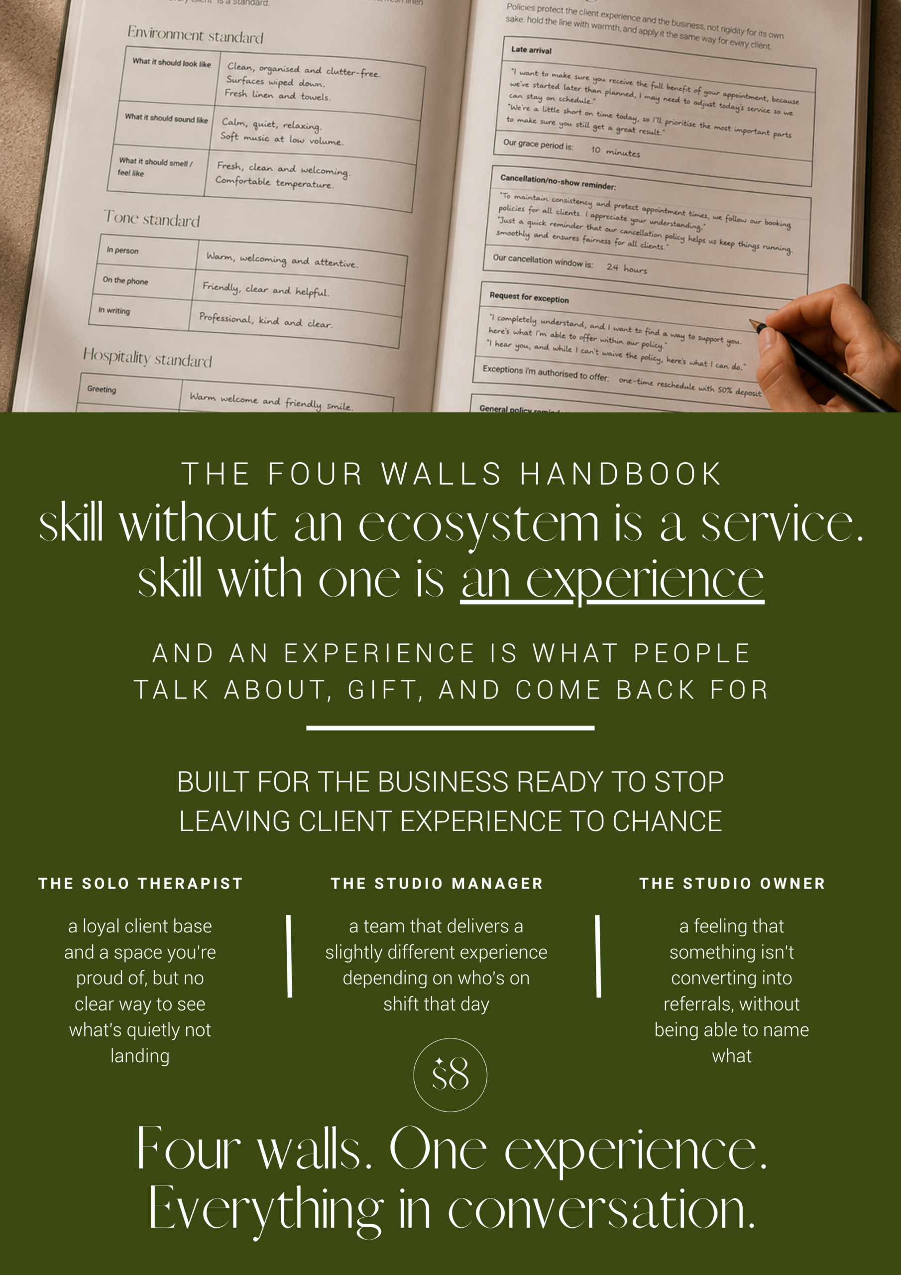 Open four walls handbook page showing environment, tone and hospitality standards with policy language