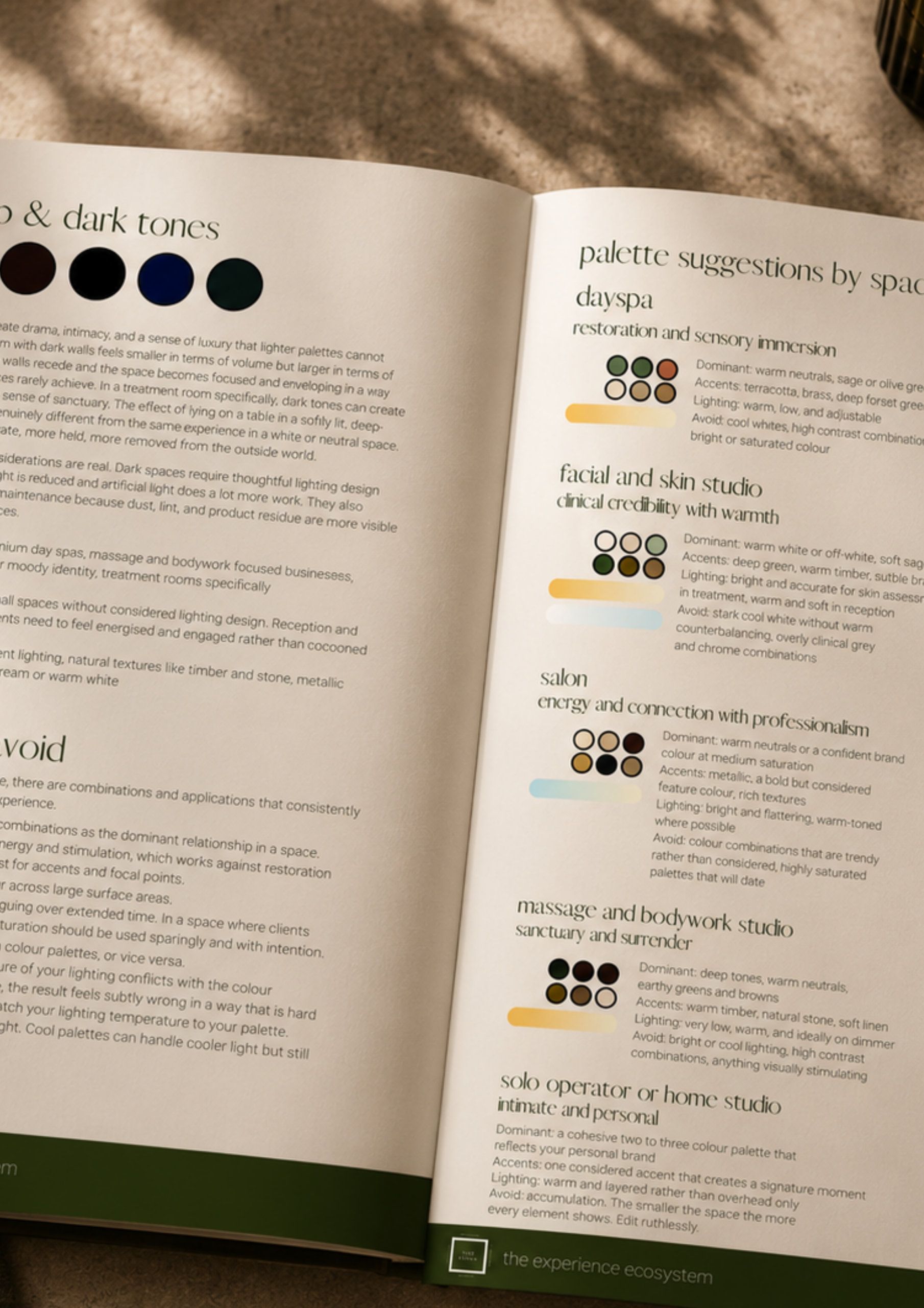 Four walls handbook page showing colour palette suggestions for day spa, facial studio, salon and massage studio