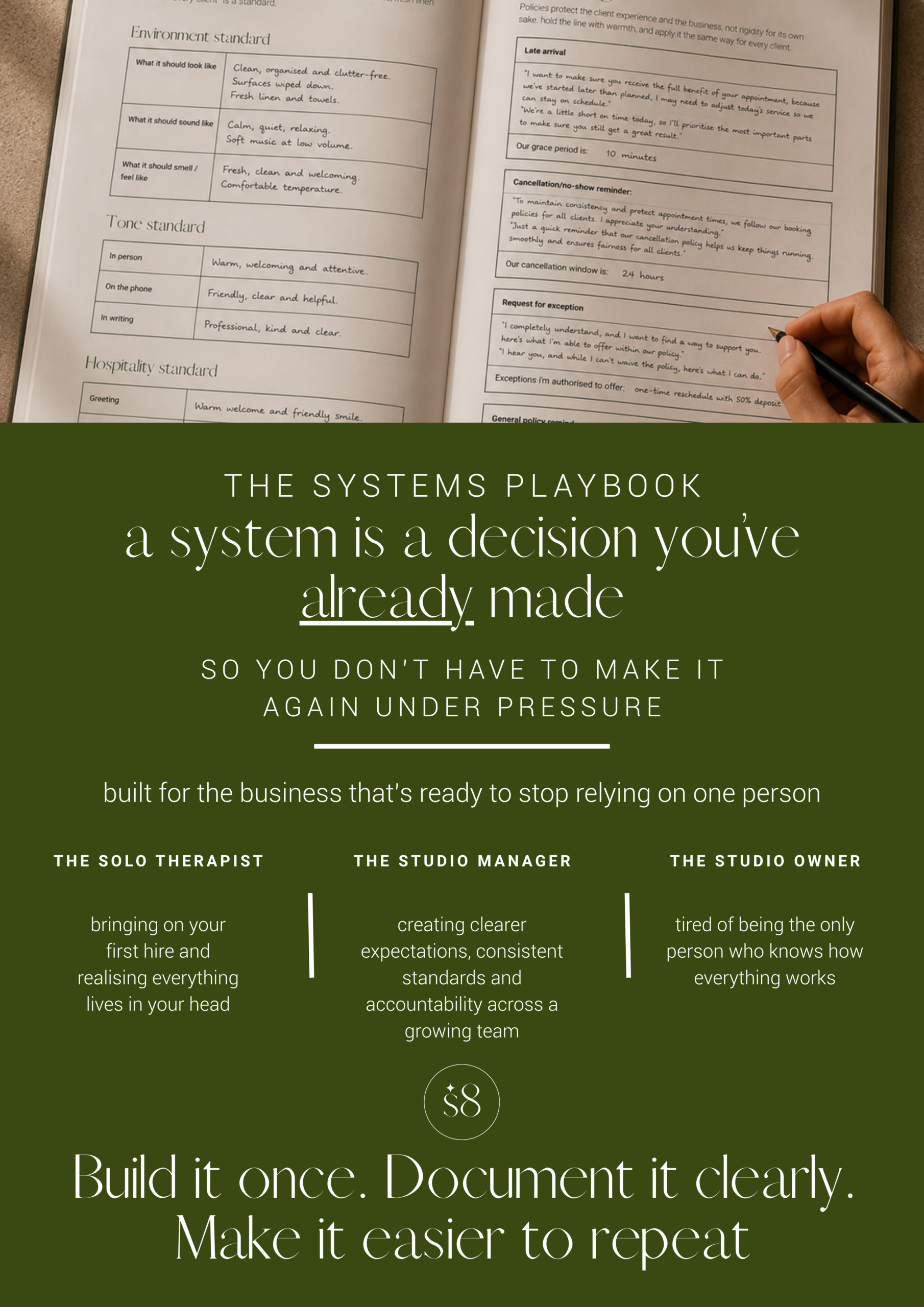Open skinduc8 systems playbook page showing environment, tone and hospitality standards with policy language