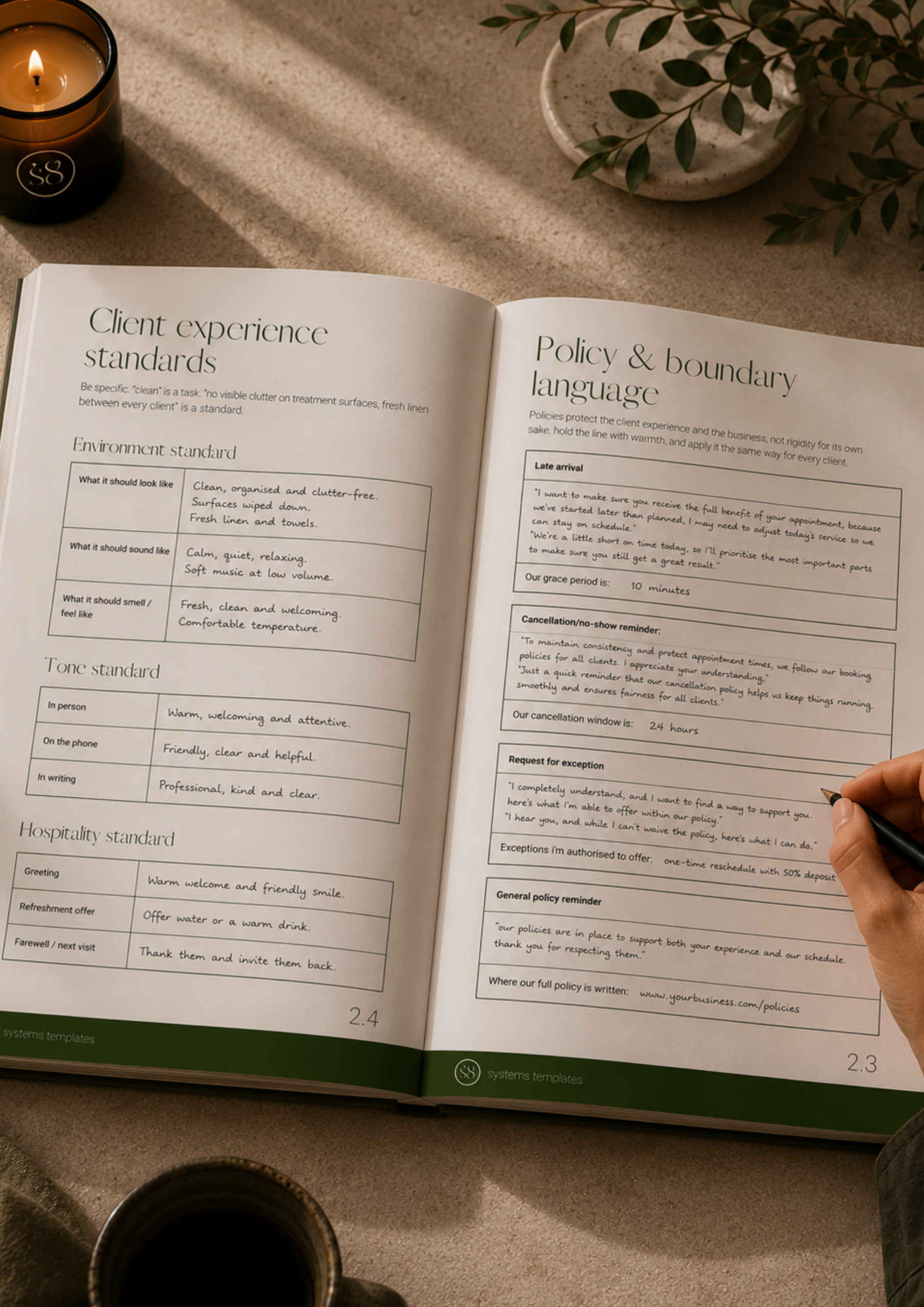 Handwritten skinduc8 systems playbook page covering client experience standards and policy and boundary language