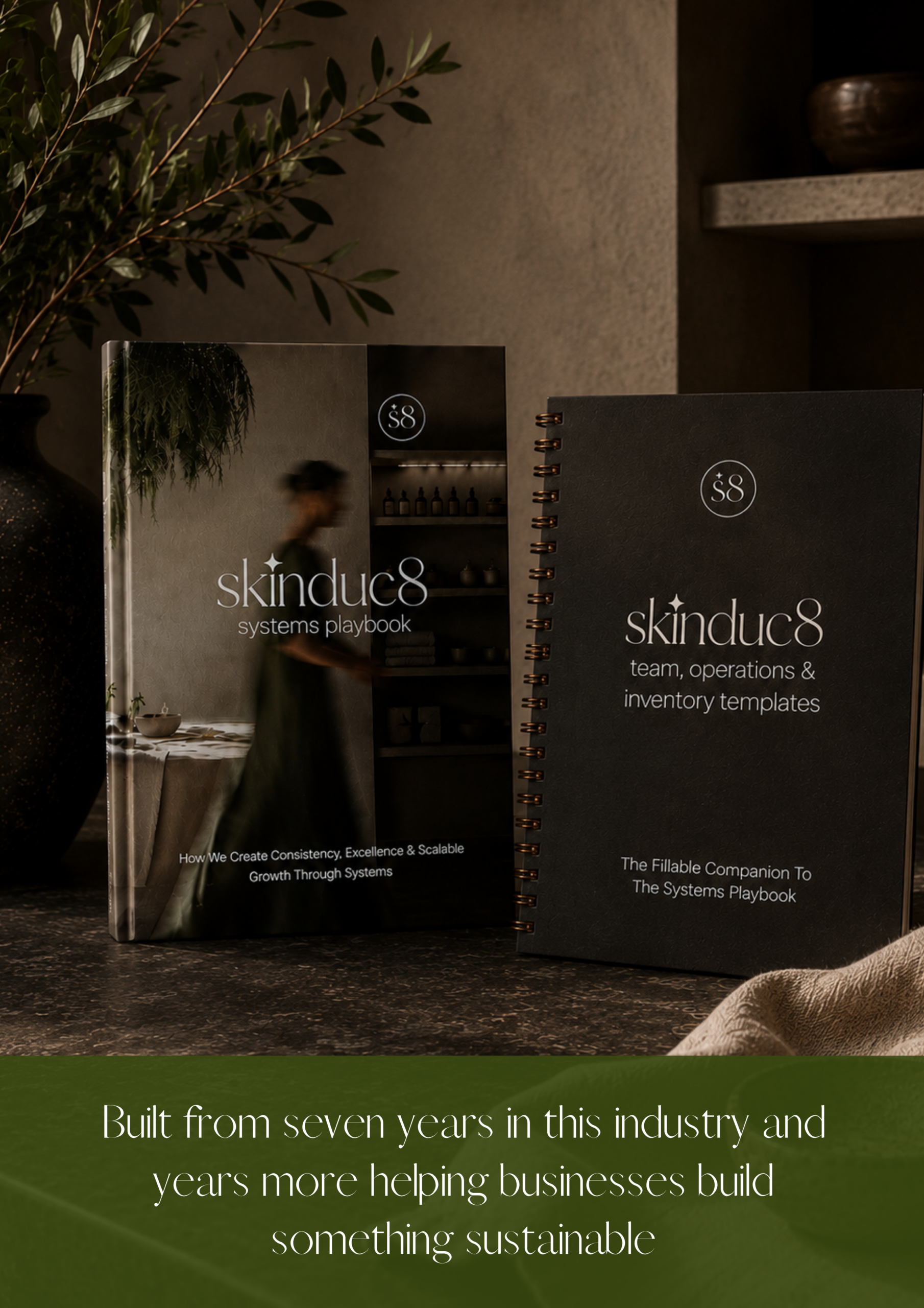 skinduc8 systems playbook and SOPs template side by side, built from seven years of beauty industry experience