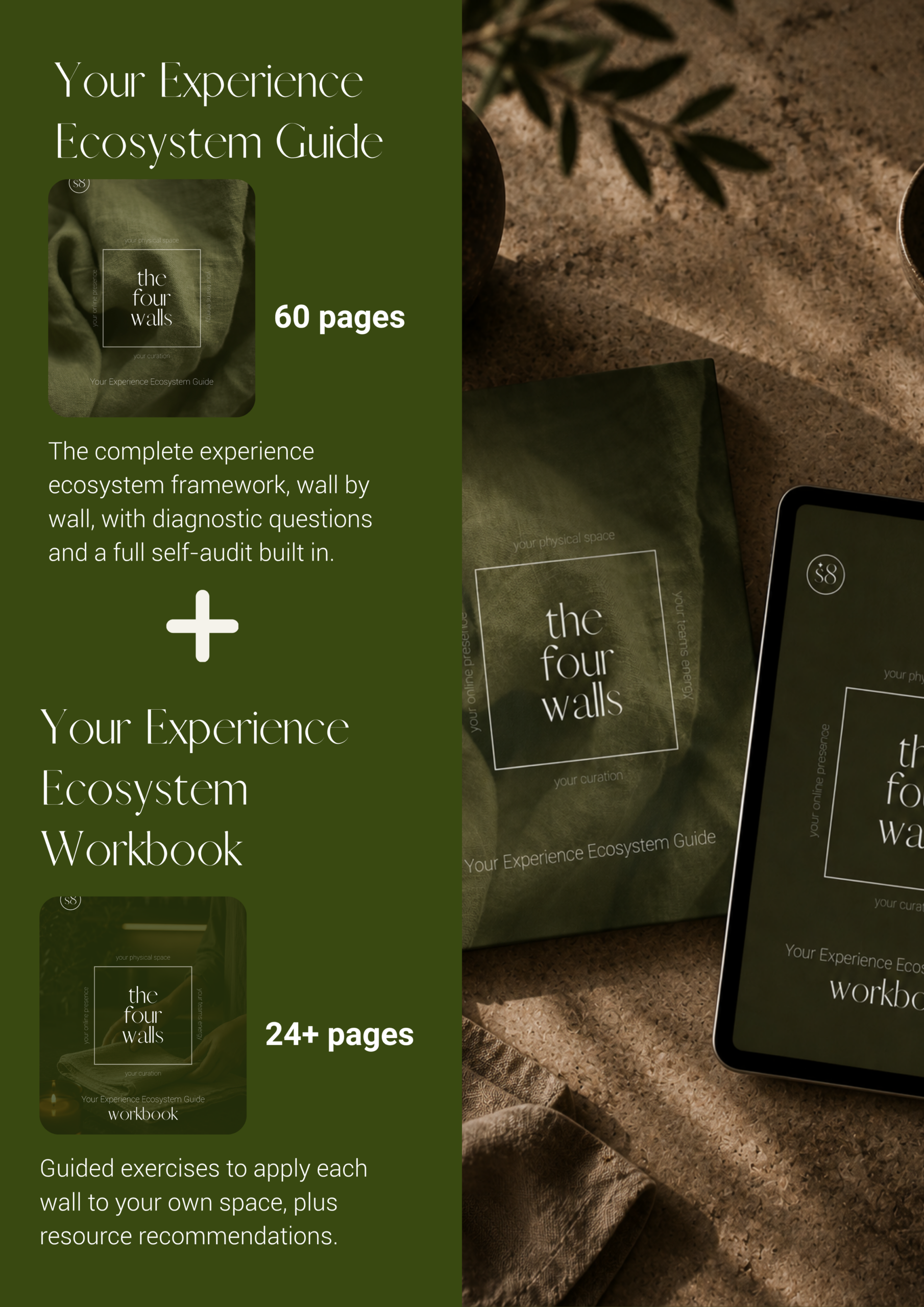 The four walls experience ecosystem guide and workbook mockups with page counts, 60 pages and 24+ pages