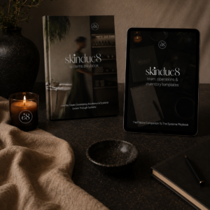 Skinduc8 Systems Playbook hardcover book styled beside an iPad displaying the Team, Operations & Inventory Templates cover, with a lit candle, ceramic bowl, linen throw and eucalyptus branch on a dark textured surface."